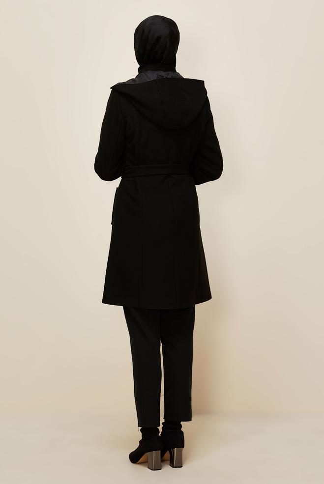 Tesettür giyim SİYAH KUŞAKLI KABAN 90566 - ALVİNA