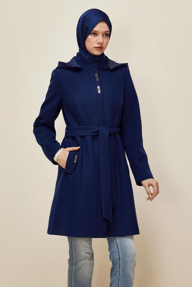 Tesettür giyim MAVİ KUŞAKLI KABAN 90566 - ALVİNA