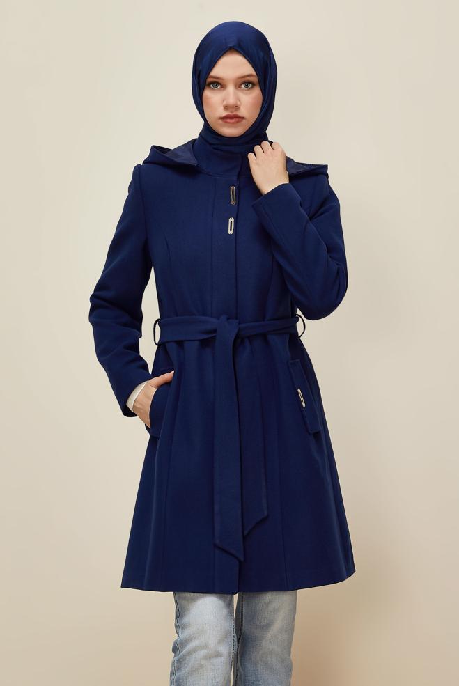 Tesettür giyim MAVİ KUŞAKLI KABAN 90566 - ALVİNA