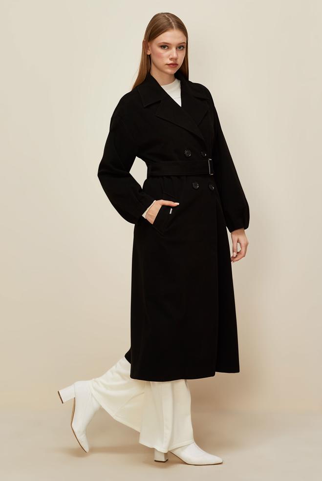 Vêtements hijab NOIR MANTEAU CEINTURÉ 90569 - ALVİNA