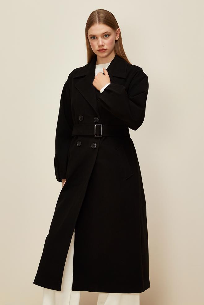 Vêtements hijab NOIR MANTEAU CEINTURÉ 90569 - ALVİNA