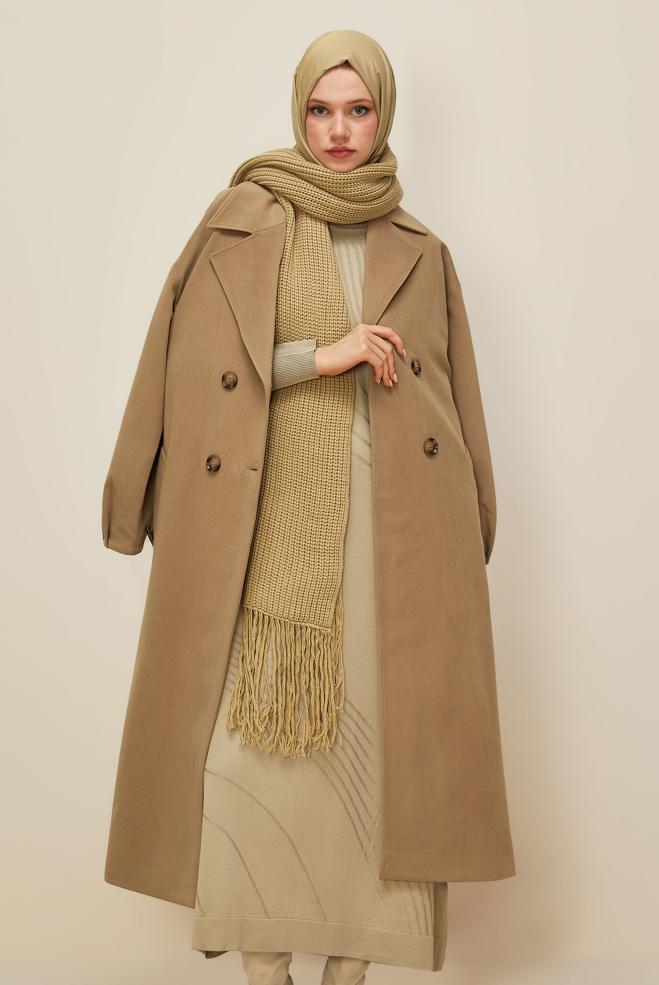 Vêtements hijab BRUN MANTEAU CEINTURÉ 90569 - ALVİNA