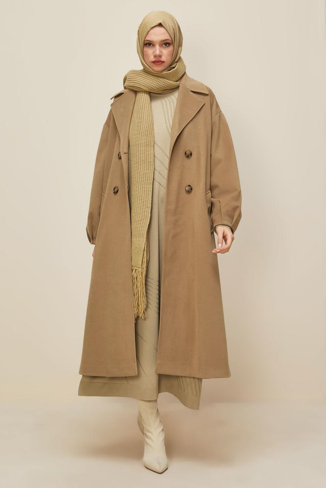 Vêtements hijab BRUN MANTEAU CEINTURÉ 90569 - ALVİNA