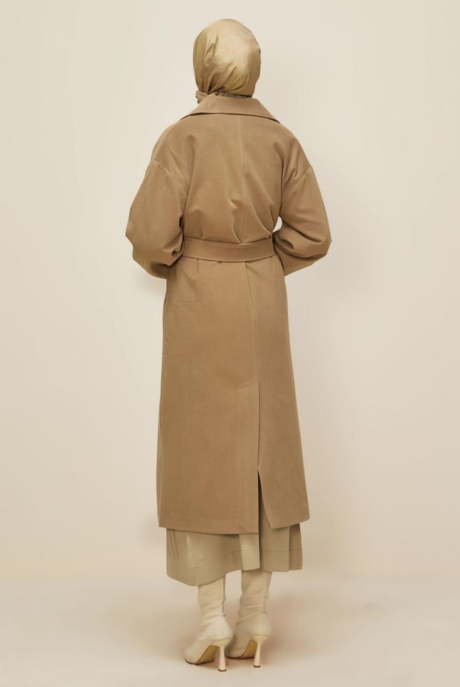 Vêtements hijab BRUN MANTEAU CEINTURÉ 90569 - ALVİNA