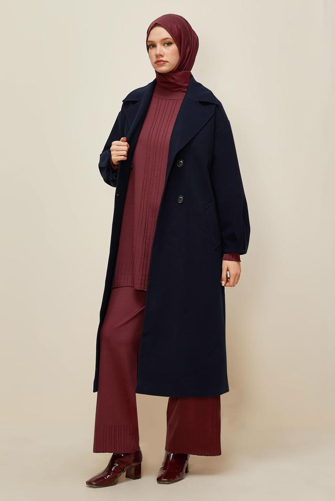 Vêtements hijab BLEU MARINE MANTEAU CEINTURÉ 90569 - ALVİNA