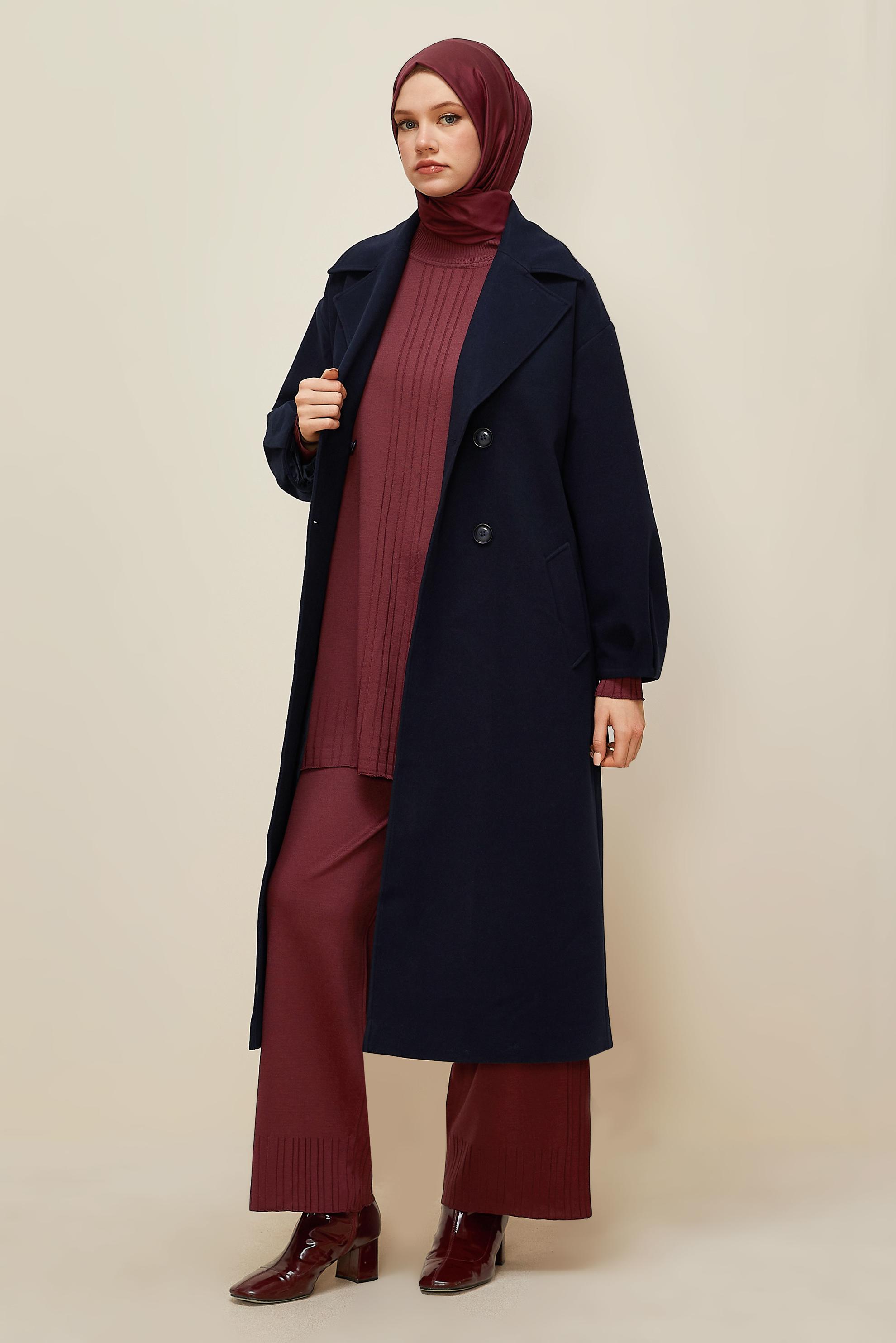 Tesettür giyim LACİVERT KEMERLİ KABAN 90569