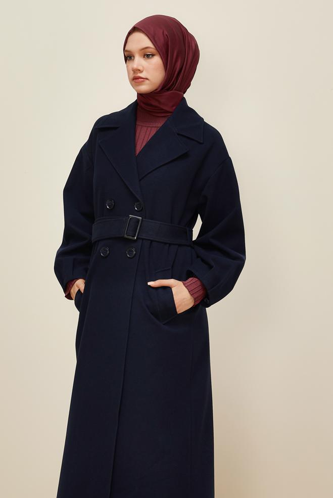 Vêtements hijab BLEU MARINE MANTEAU CEINTURÉ 90569 - ALVİNA