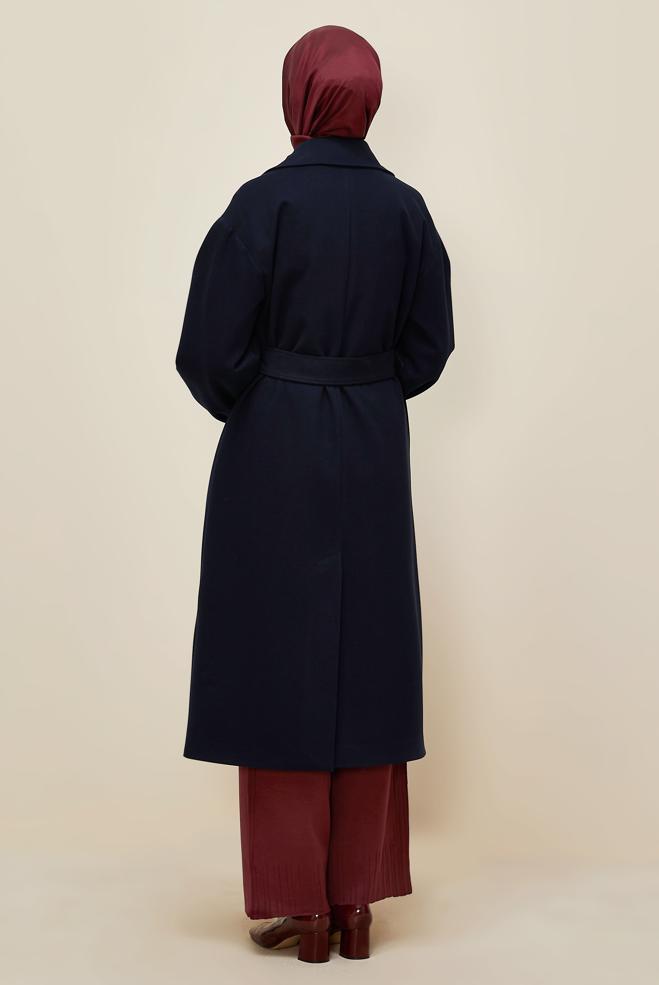 Vêtements hijab BLEU MARINE MANTEAU CEINTURÉ 90569 - ALVİNA