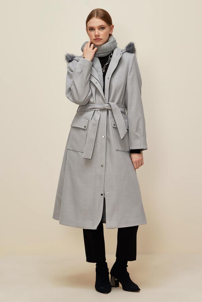 Tesettür giyim GRİ KUŞAKLI KABAN 90580 - ALVİNA