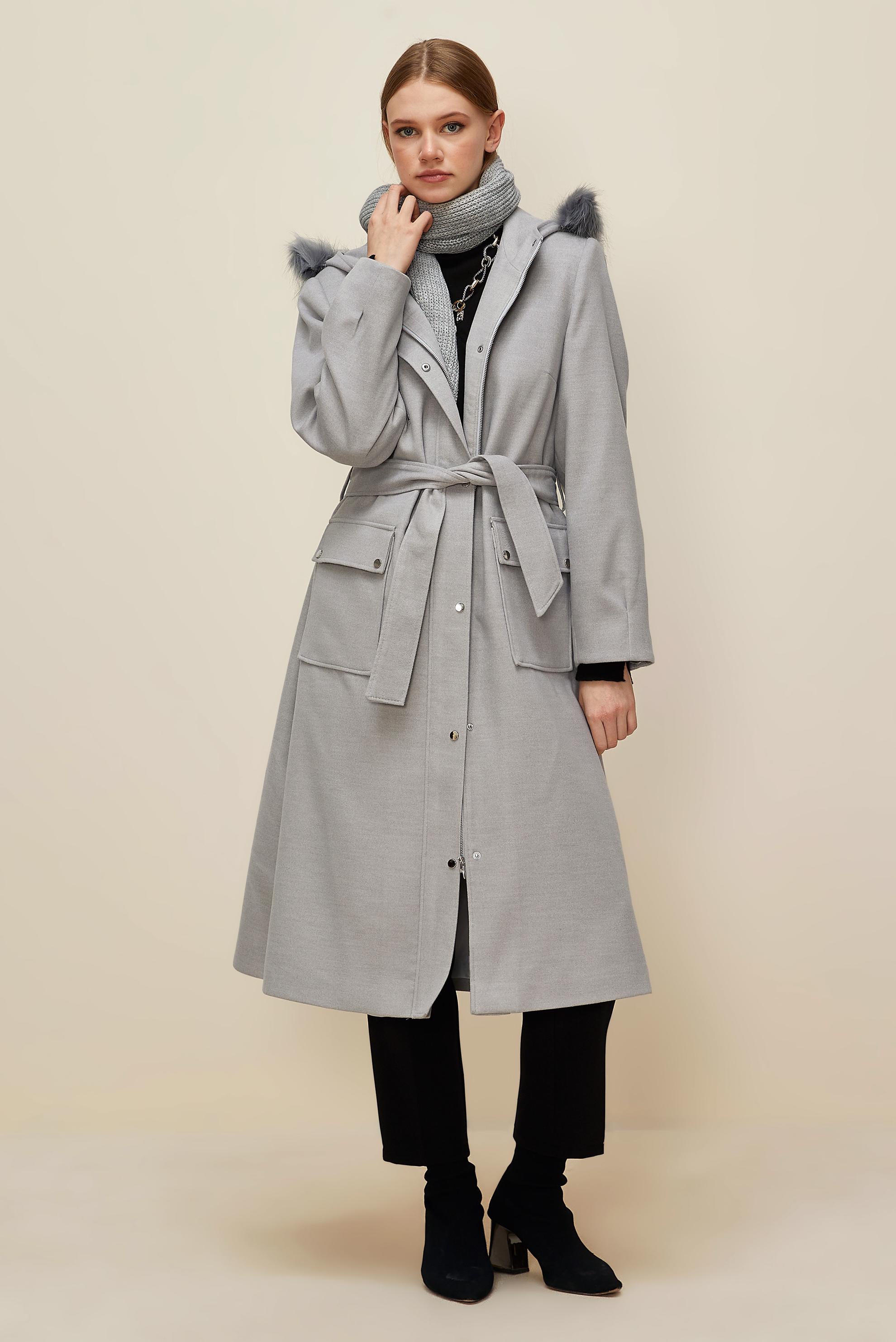 Tesettür giyim GRİ KUŞAKLI KABAN 90580