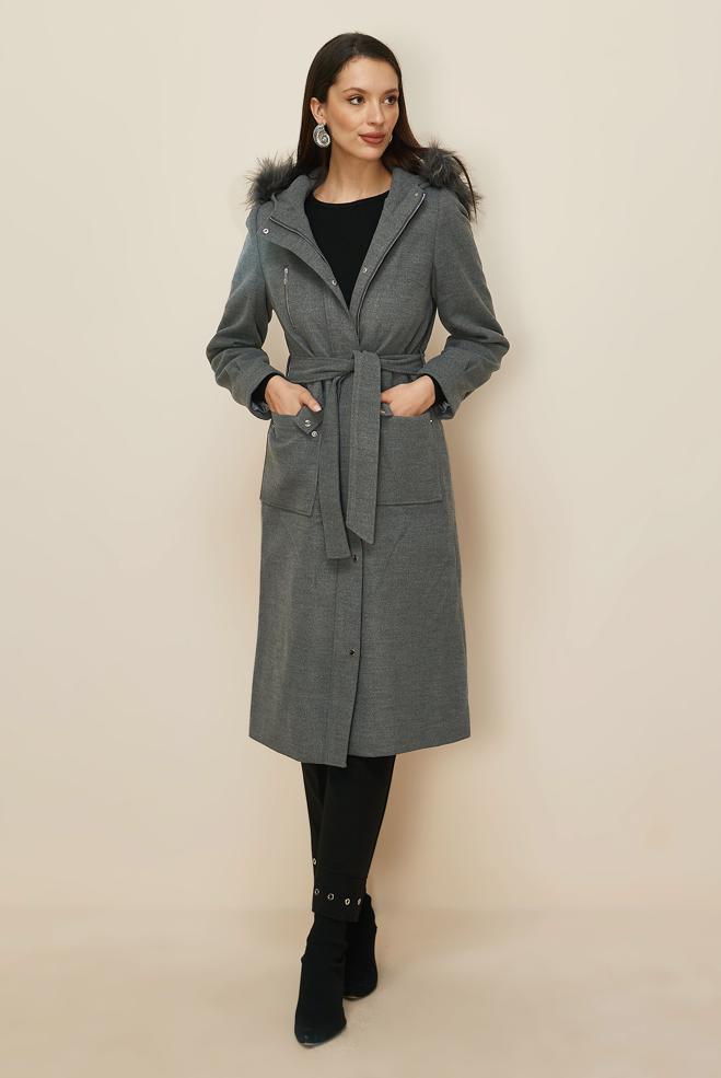 Tesettür giyim GRİ KUŞAKLI KABAN 90580 - ALVİNA