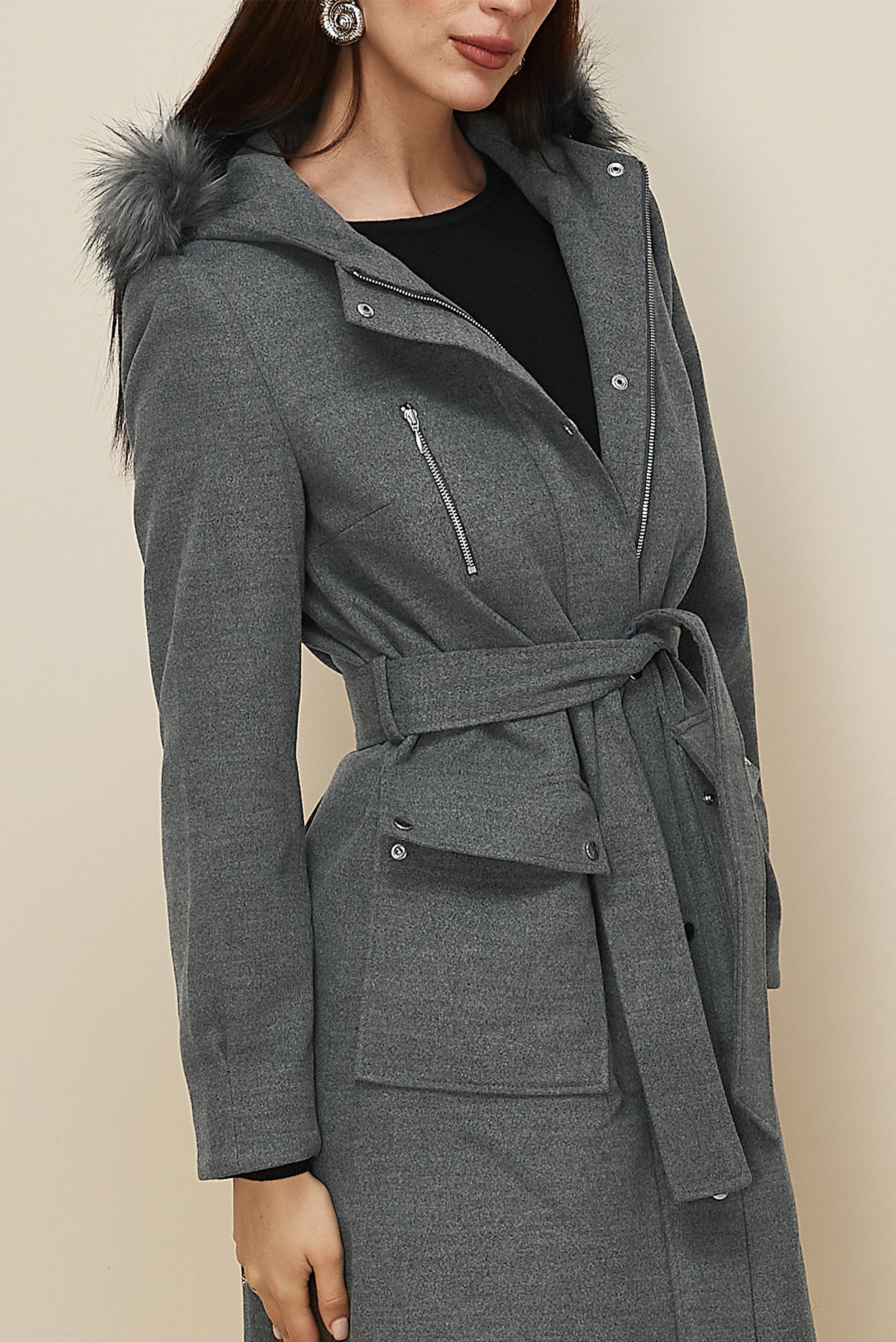 Tesettür giyim GRİ KUŞAKLI KABAN 90580