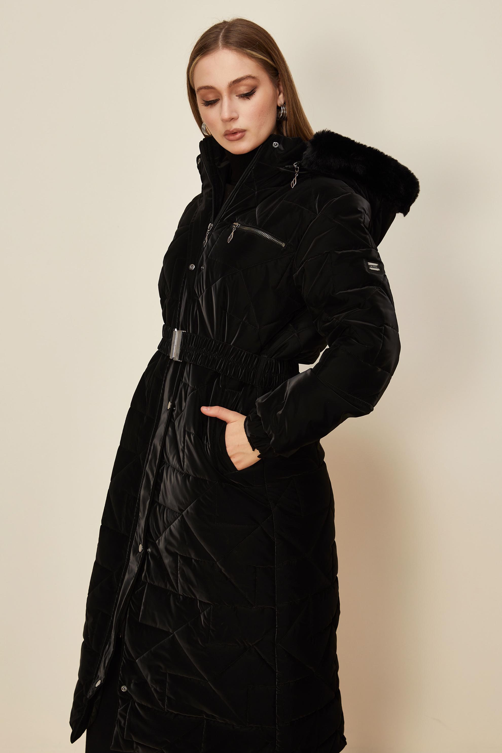 Tesettür giyim SİYAH KEMERLİ KAPİTONE KABAN 90584