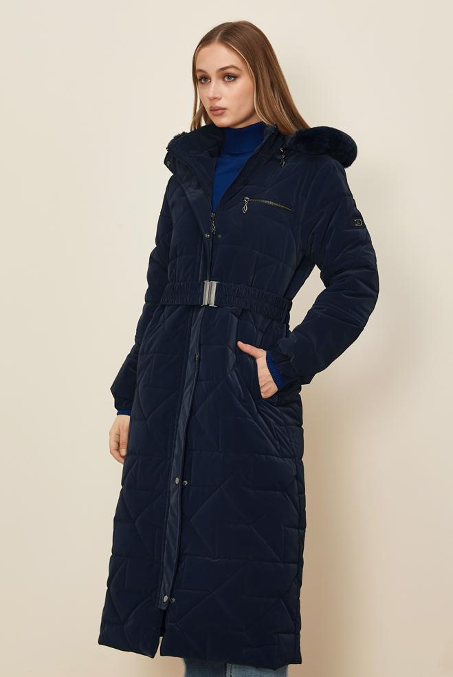 Tesettür giyim LACİVERT KEMERLİ KAPİTONE KABAN 90584 - ALVİNA