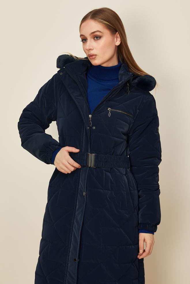 Tesettür giyim LACİVERT KEMERLİ KAPİTONE KABAN 90584 - ALVİNA