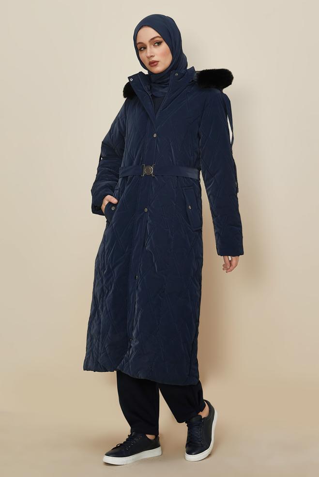 Hijab clothing NAVY BLUE BELTED COAT 90587 - ALVİNA