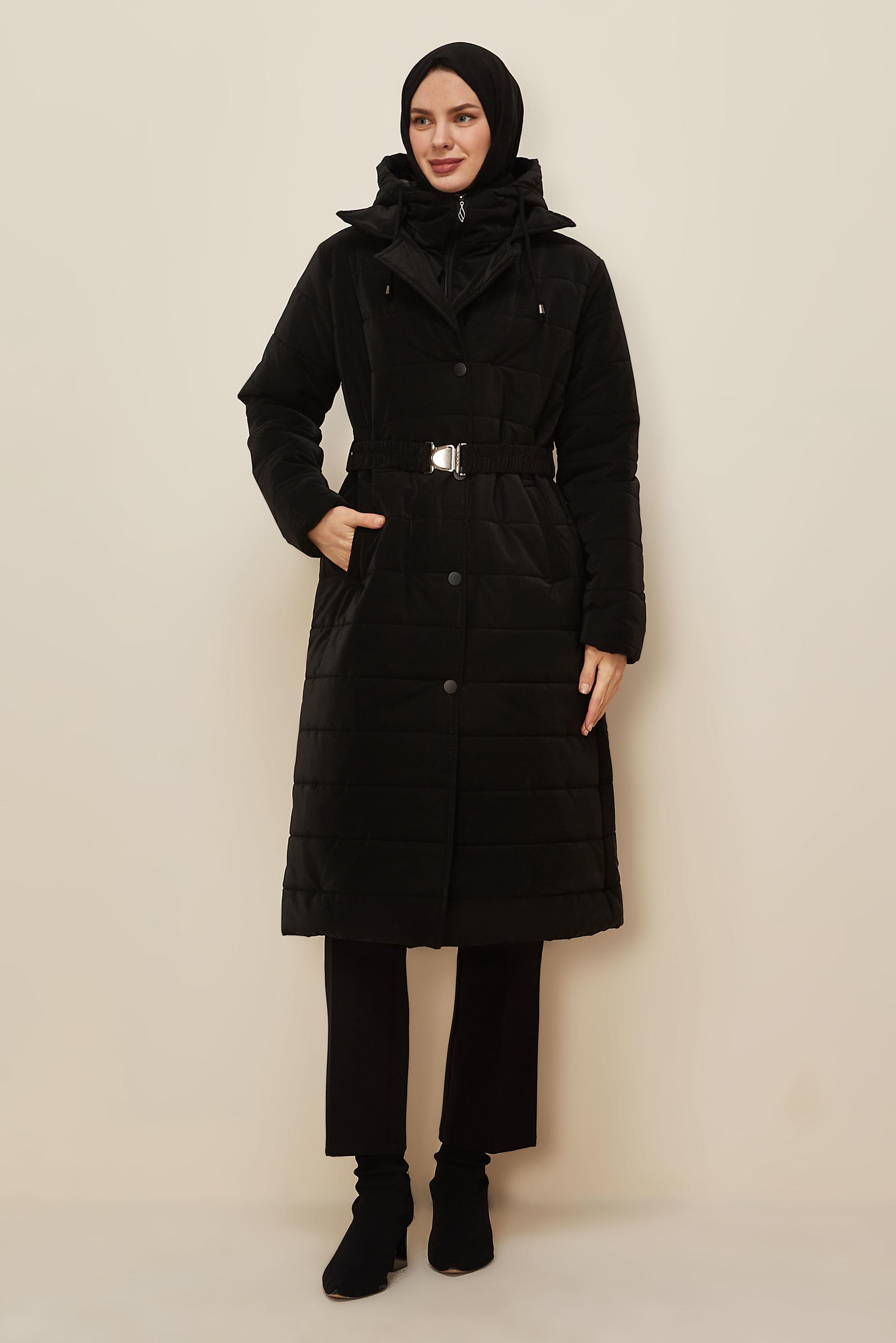 Hijab clothing BLACK BELTED HOODED COAT 90590