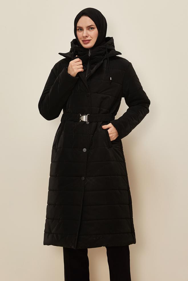 Hijab clothing BLACK BELTED HOODED COAT 90590 - ALVİNA