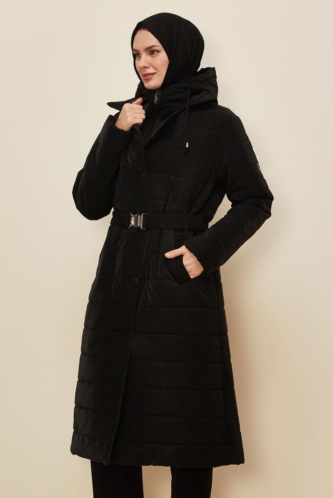 Hijab clothing BLACK BELTED HOODED COAT 90590 - ALVİNA