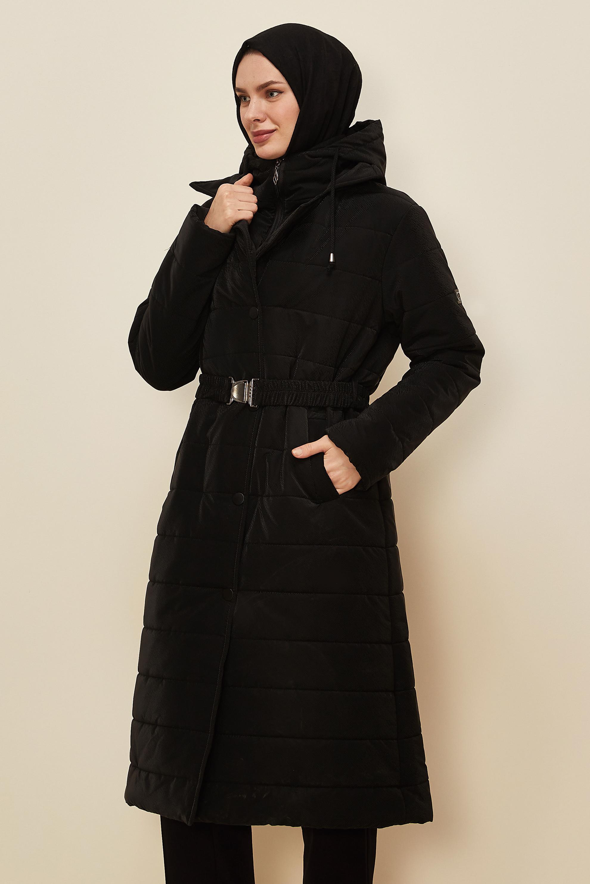 Hijab clothing BLACK BELTED HOODED COAT 90590