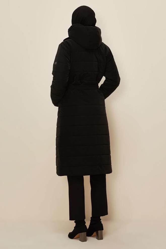 Hijab clothing BLACK BELTED HOODED COAT 90590 - ALVİNA