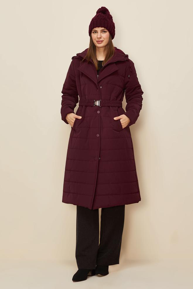 Hijab clothing CLARET RED BELTED HOODED COAT 90590 - ALVİNA