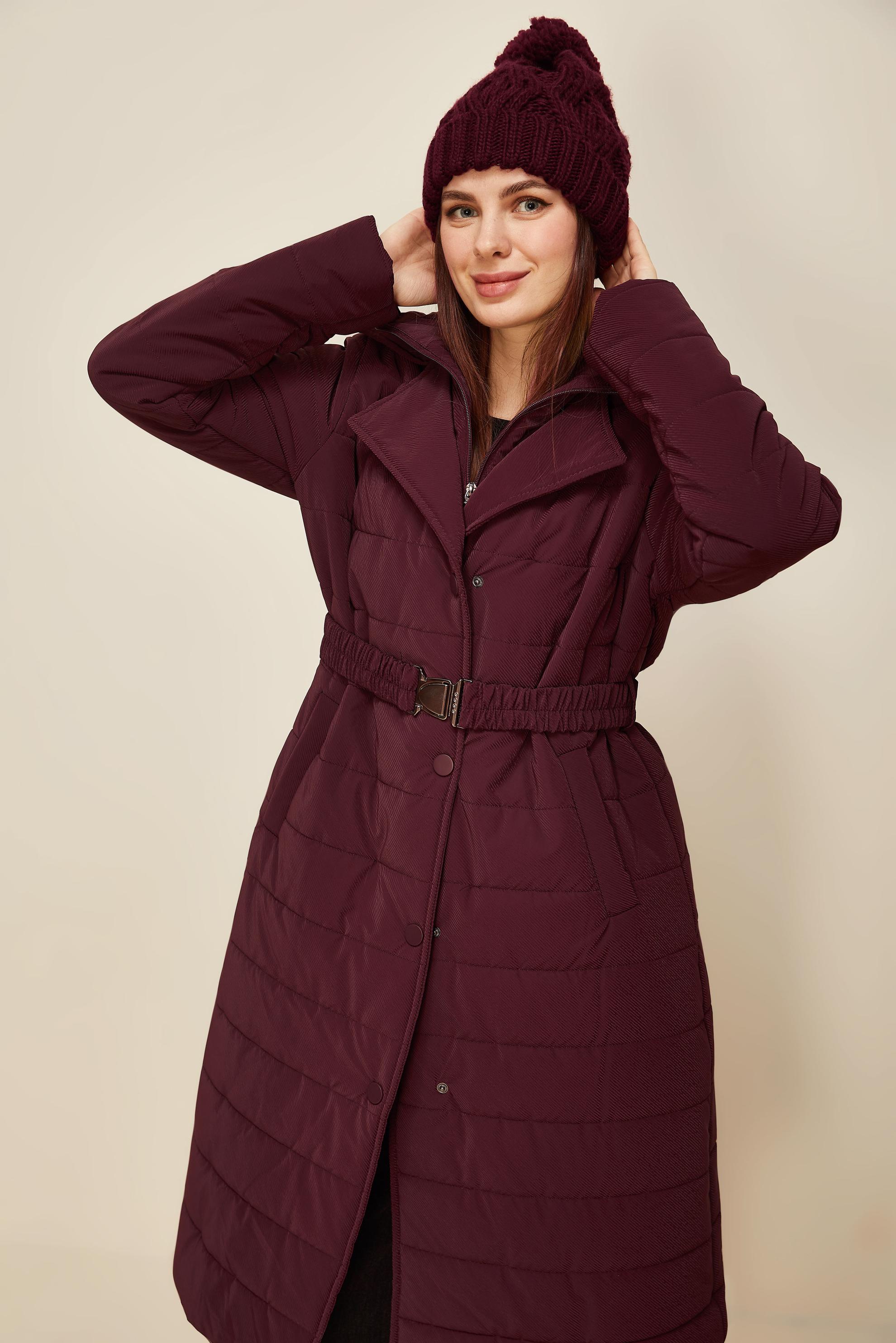 Hijab clothing CLARET RED BELTED HOODED COAT 90590