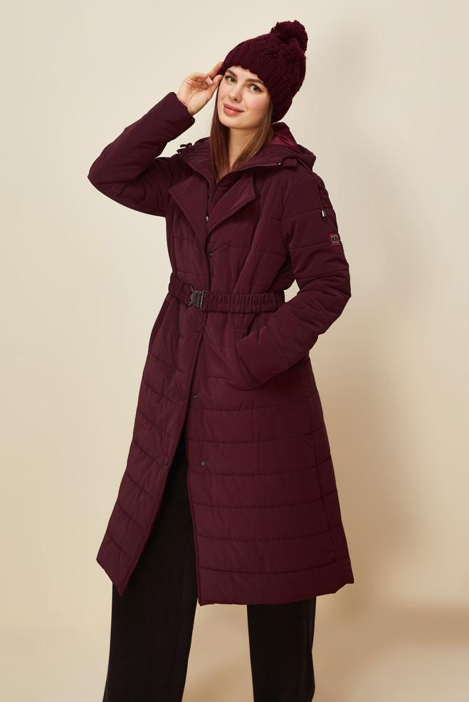 Hijab clothing CLARET RED BELTED HOODED COAT 90590 - ALVİNA