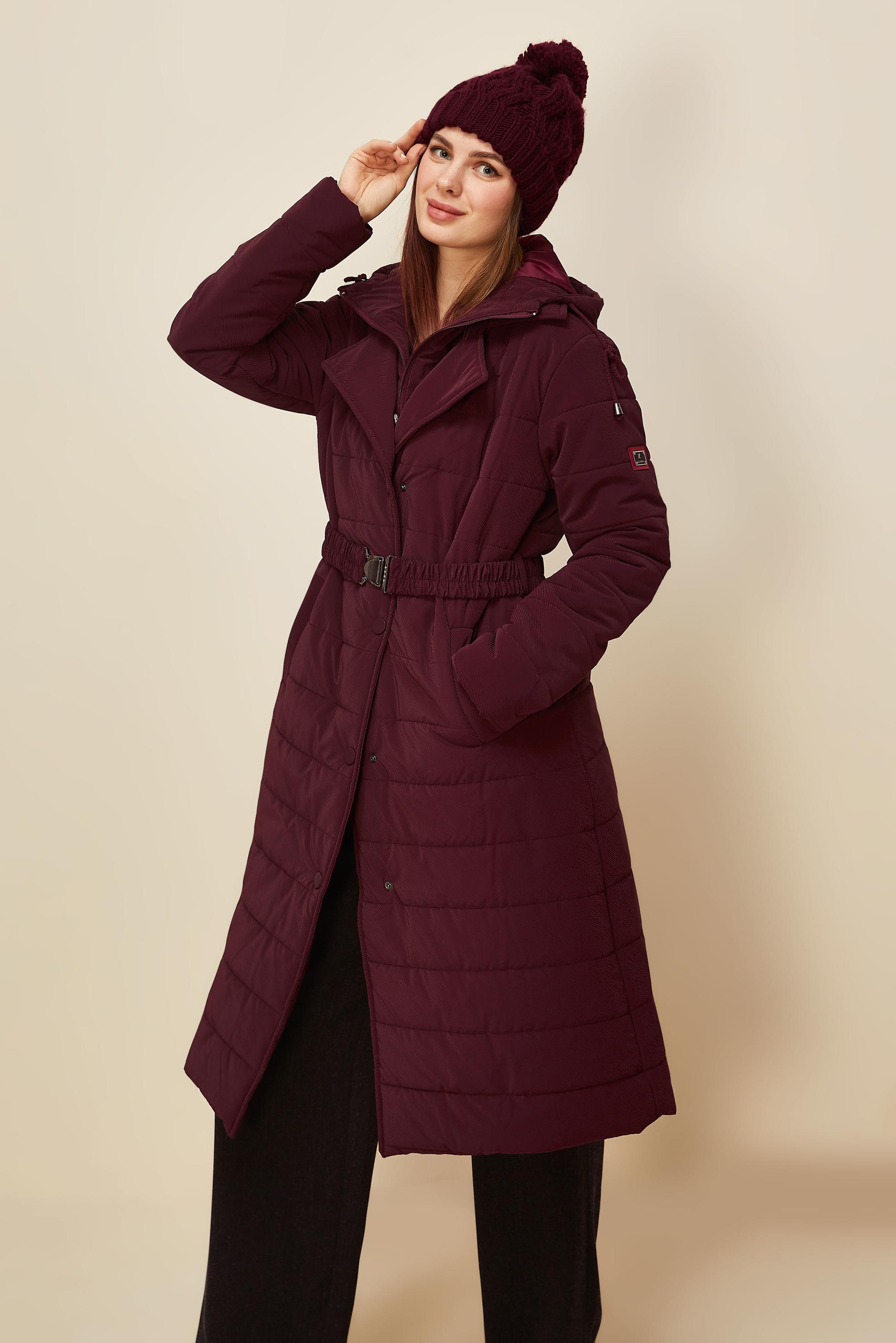 Hijab clothing CLARET RED BELTED HOODED COAT 90590