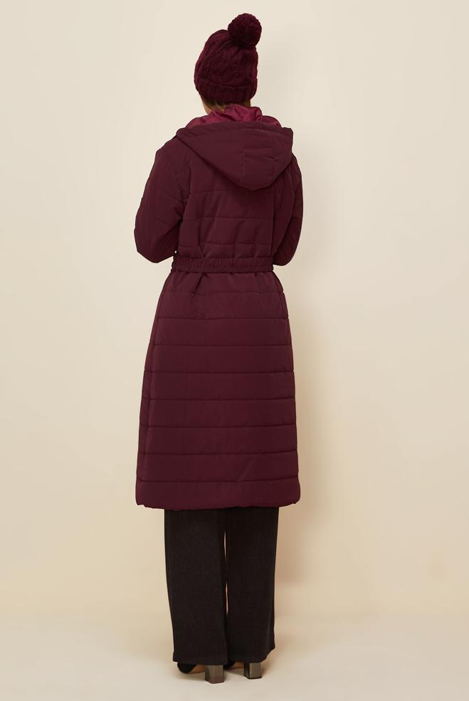 Hijab clothing CLARET RED BELTED HOODED COAT 90590 - ALVİNA