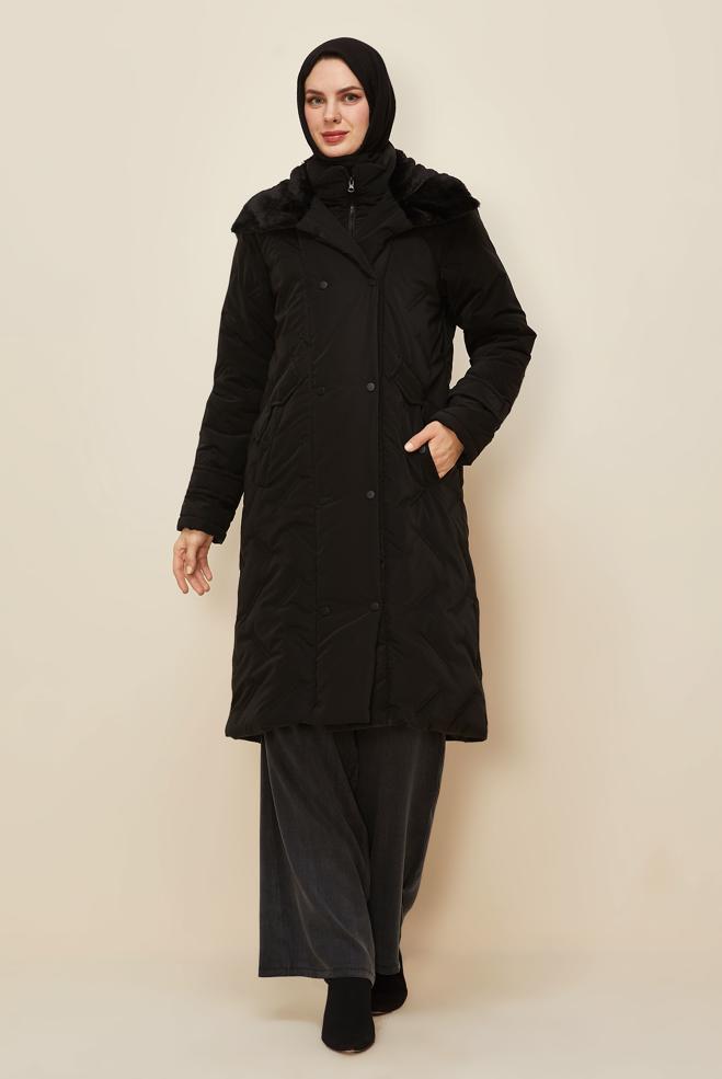 Vêtements hijab NOIR MANTEAU MATELASSÉ 90591 - ALVİNA