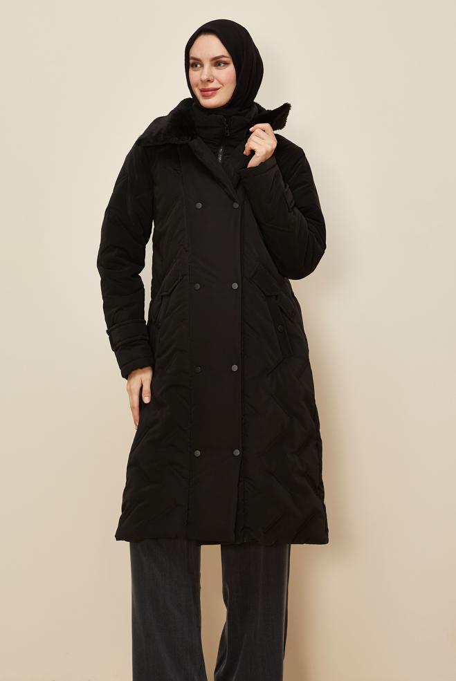 Vêtements hijab NOIR MANTEAU MATELASSÉ 90591 - ALVİNA