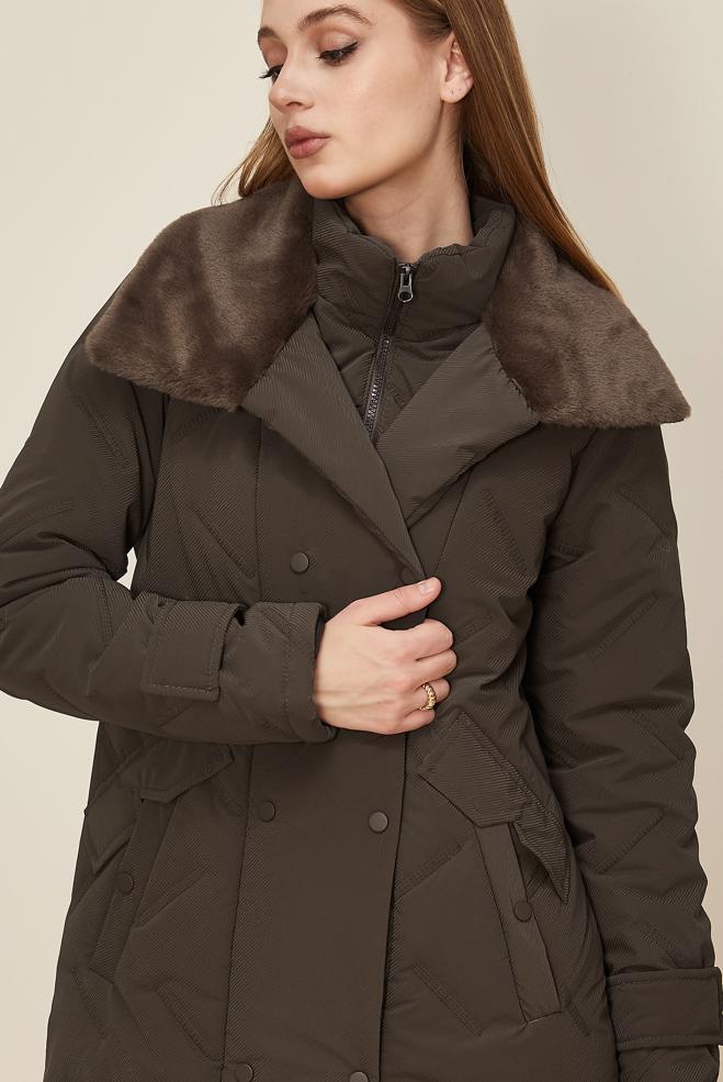 Hijab clothing BROWN FAUX-FUR DETAILED QUILTED COAT 90591 - ALVİNA