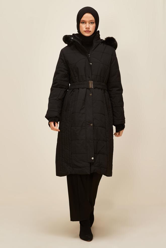 Vêtements hijab NOIR MANTEAU CEINTURÉ 90600 - ALVİNA