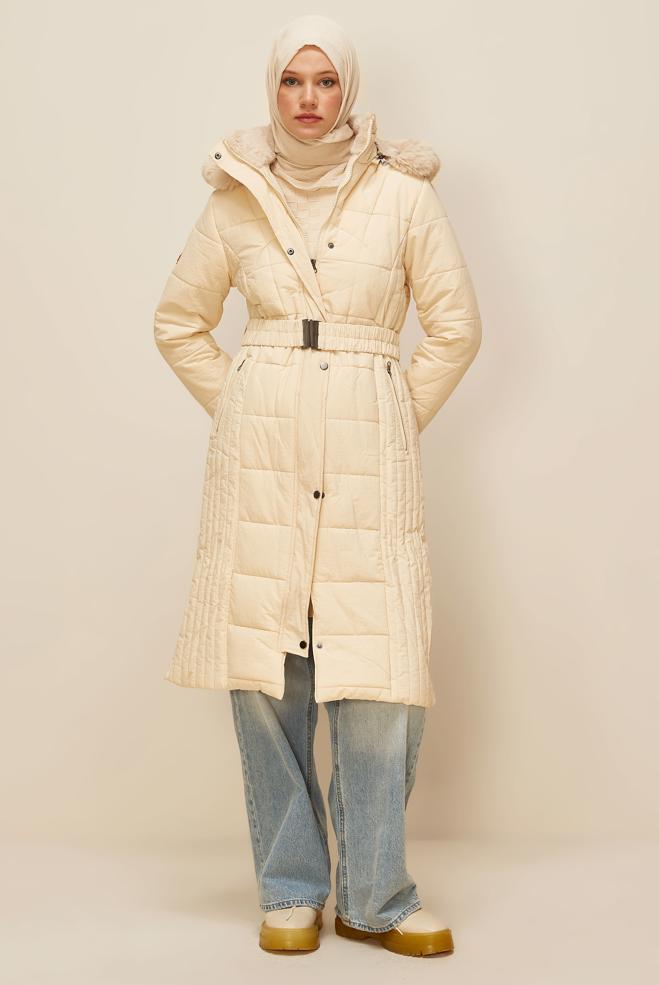 Vêtements hijab BEIGE MANTEAU CEINTURÉ 90600 - ALVİNA