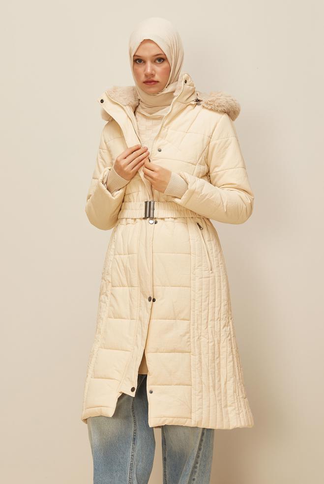 Vêtements hijab BEIGE MANTEAU CEINTURÉ 90600 - ALVİNA
