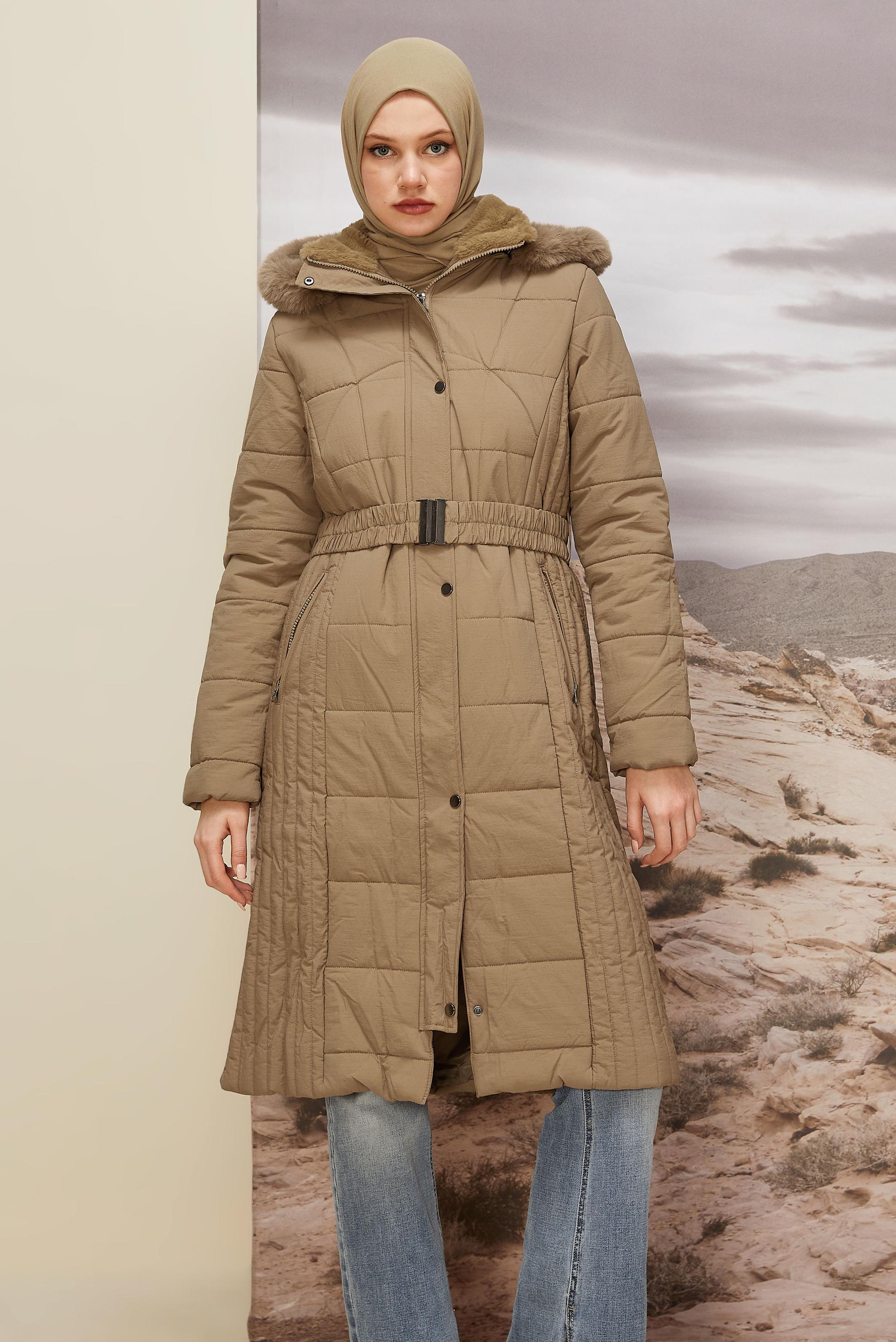 Tesettür giyim KAHVE KEMERLİ KABAN 90600