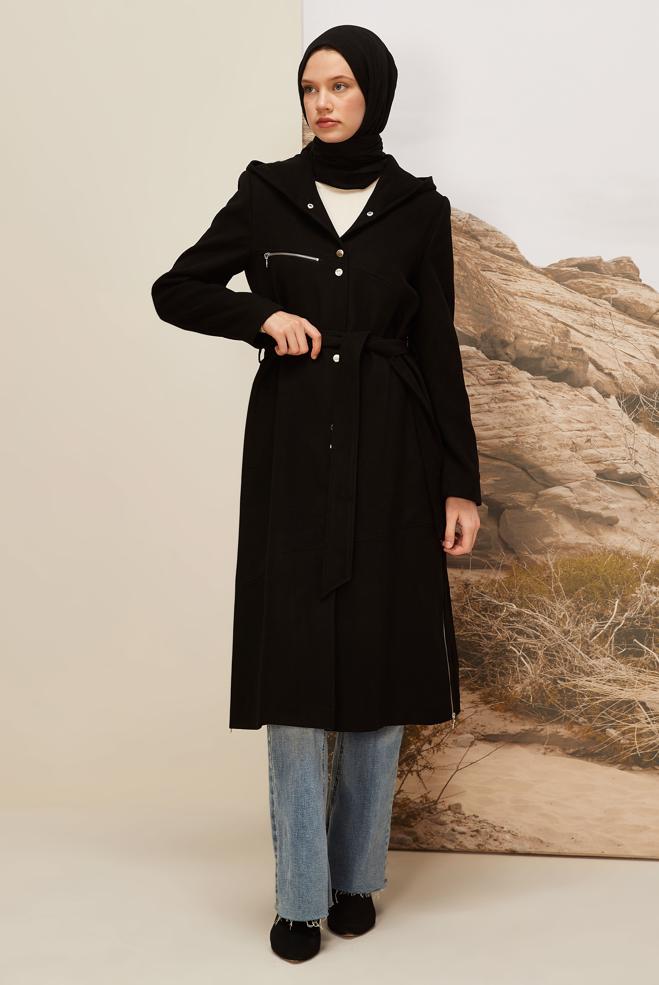 Vêtements hijab NOIR MANTEAU CEINTURÉ 90602 - ALVİNA