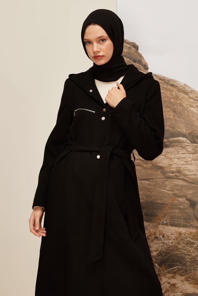Vêtements hijab NOIR MANTEAU CEINTURÉ 90602 - ALVİNA