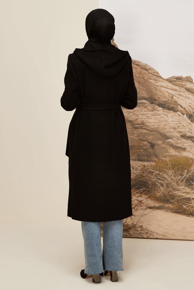 Vêtements hijab NOIR MANTEAU CEINTURÉ 90602 - ALVİNA