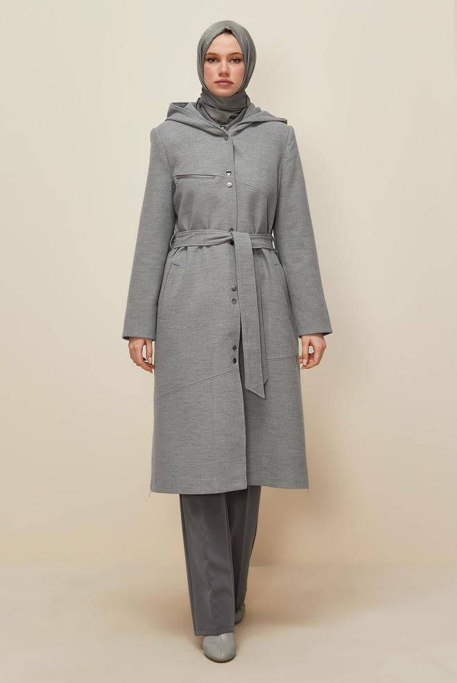 Tesettür giyim GRİ KUŞAKLI KABAN 90602 - ALVİNA