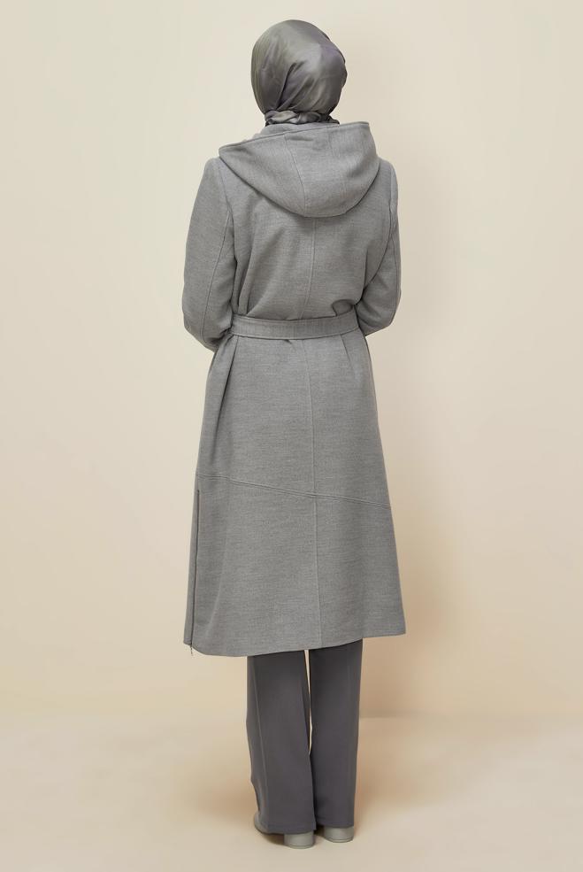 Tesettür giyim GRİ KUŞAKLI KABAN 90602 - ALVİNA