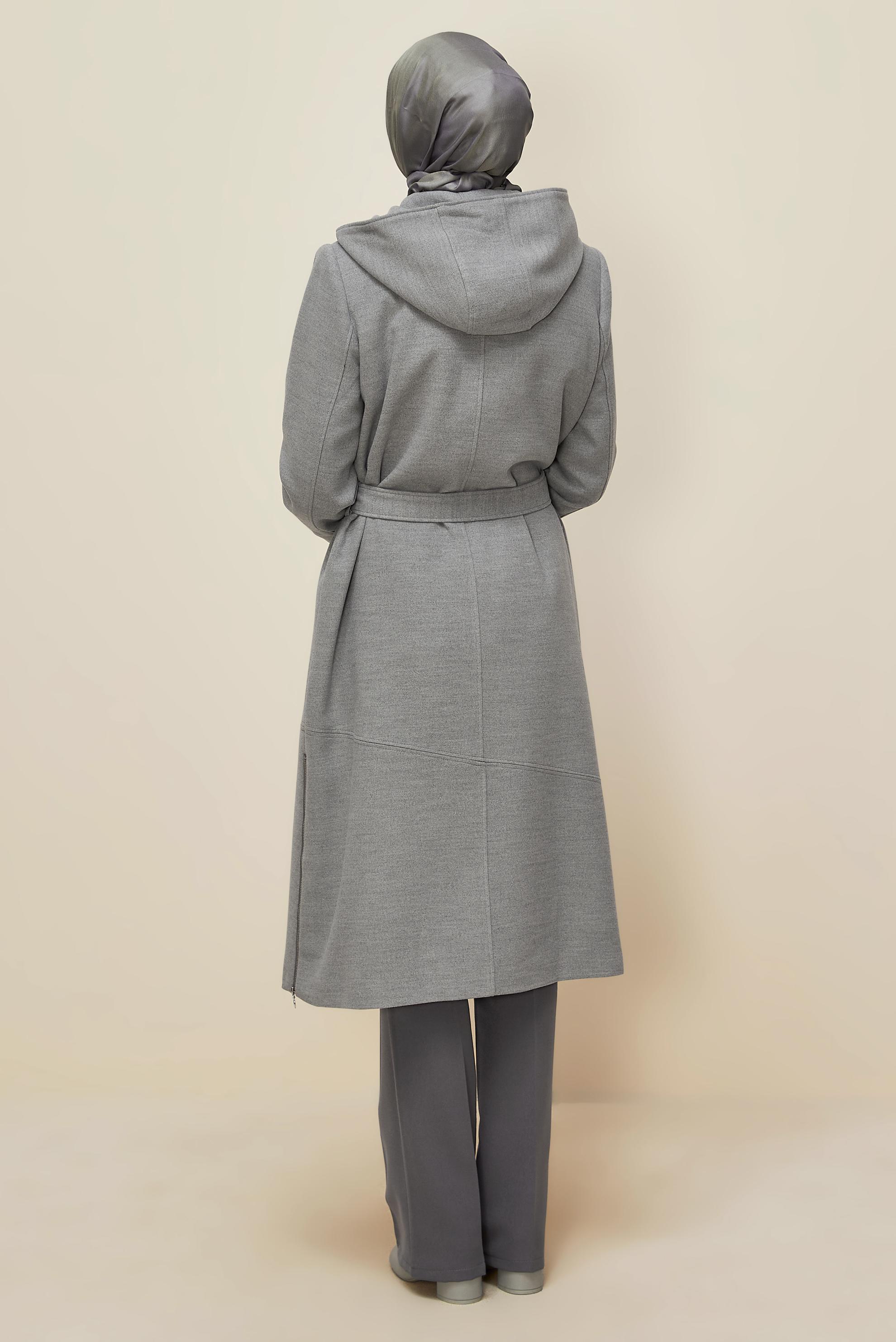 Tesettür giyim GRİ KUŞAKLI KABAN 90602