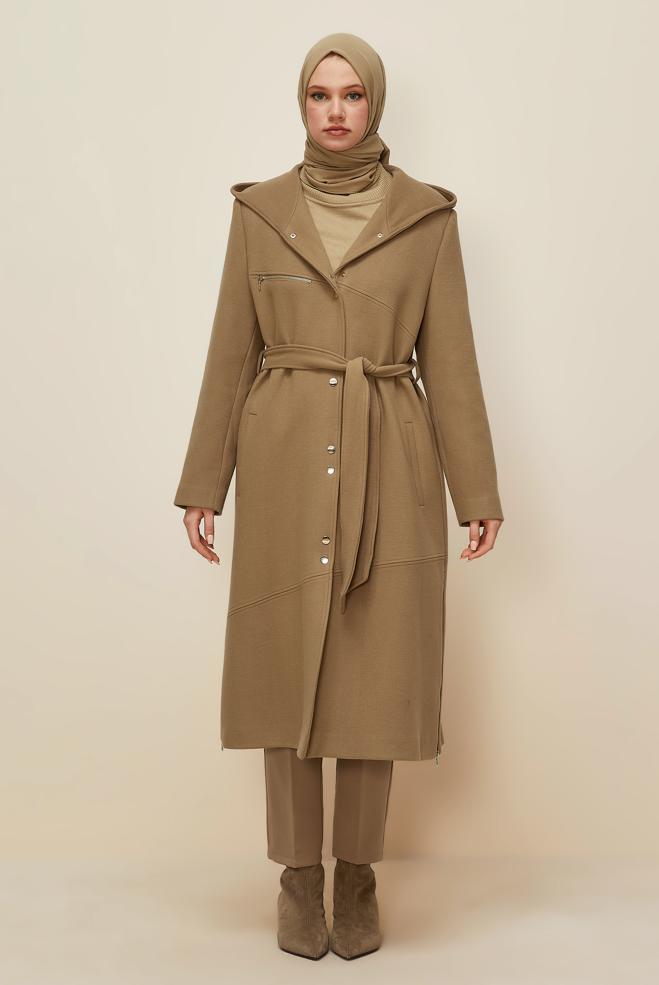 Tesettür giyim KAHVE KUŞAKLI KABAN 90602 - ALVİNA