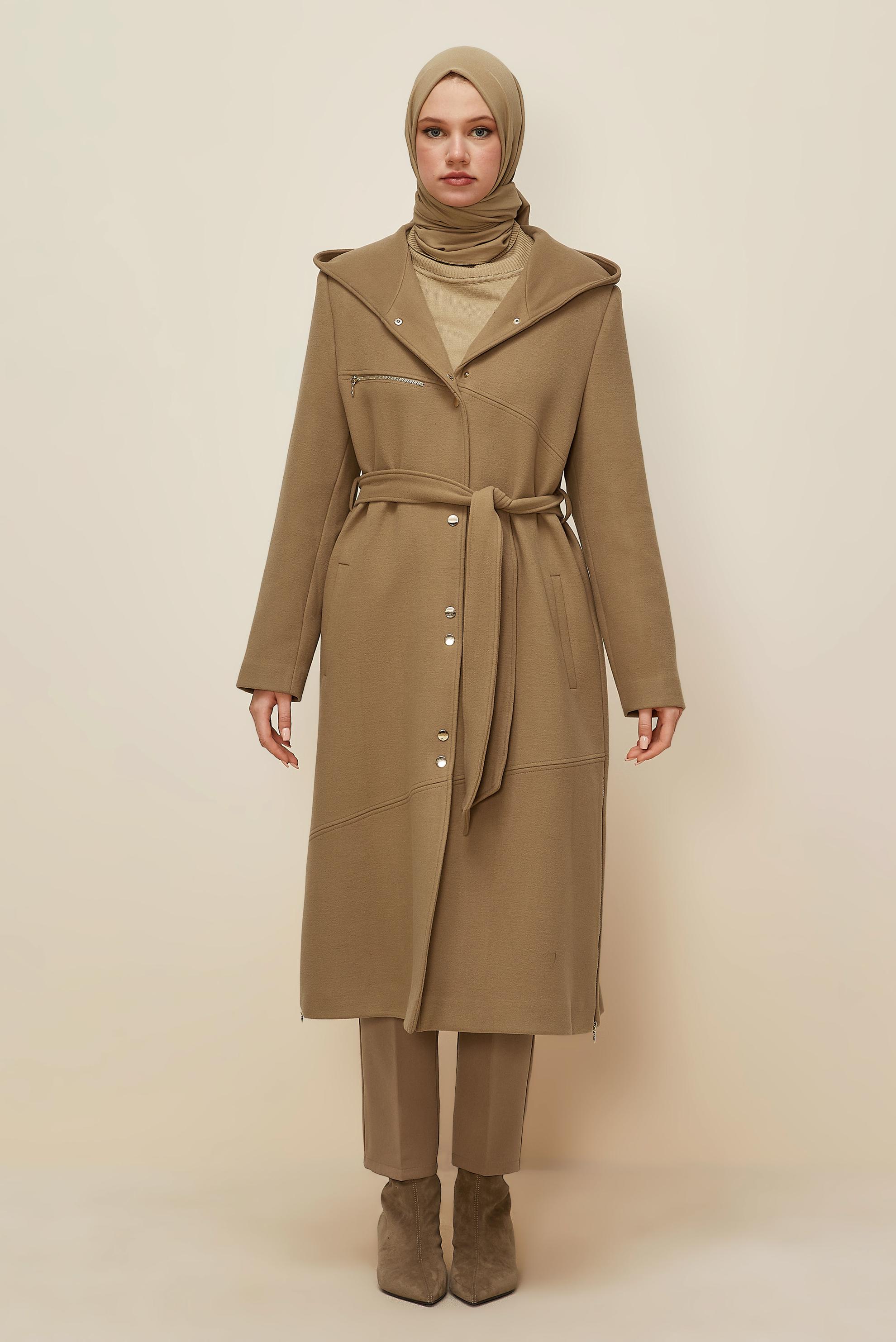 Tesettür giyim KAHVE KUŞAKLI KABAN 90602