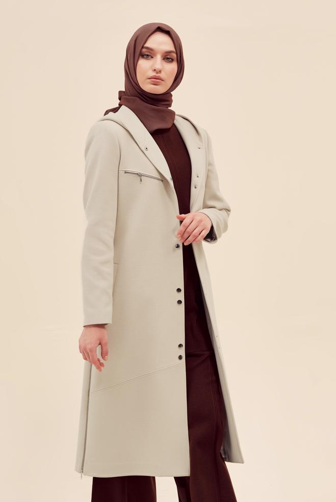 Vêtements hijab ÉCRUE MANTEAU CEINTURÉ 90602 - ALVİNA