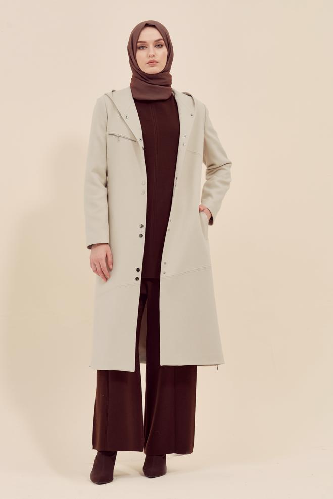 Vêtements hijab ÉCRUE MANTEAU CEINTURÉ 90602 - ALVİNA