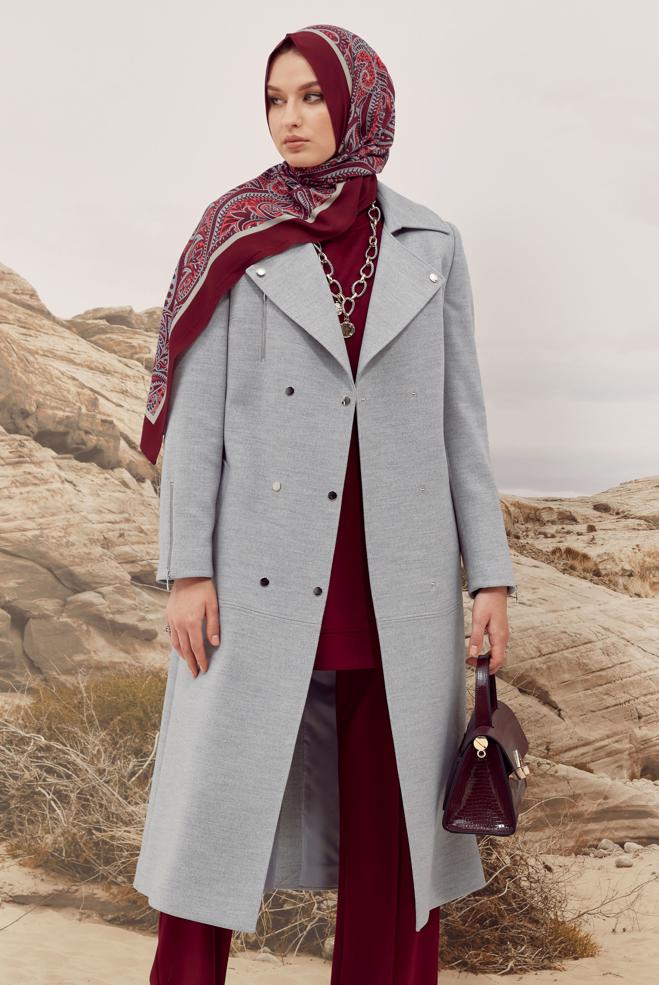 Vêtements hijab ARGENT MANTEAU CACHET CEINTURÉ 90603 - ALVİNA