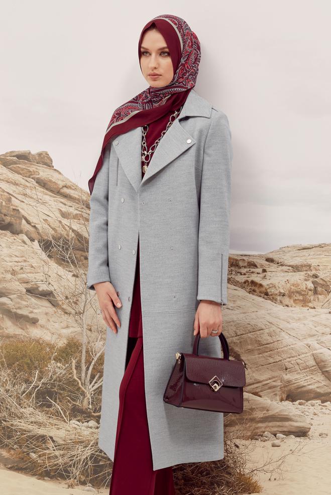 Vêtements hijab ARGENT MANTEAU CACHET CEINTURÉ 90603 - ALVİNA