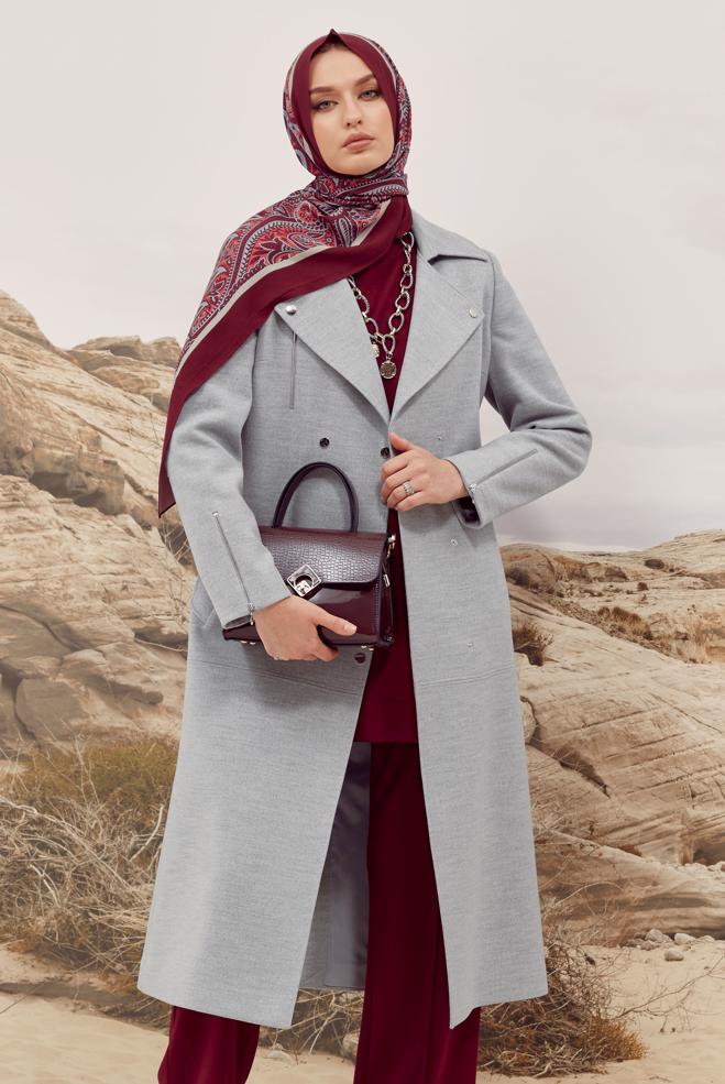 Vêtements hijab ARGENT MANTEAU CACHET CEINTURÉ 90603 - ALVİNA